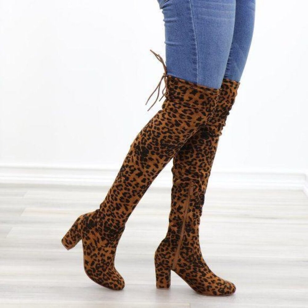 Suede Leopard Thigh High Heeled Boots